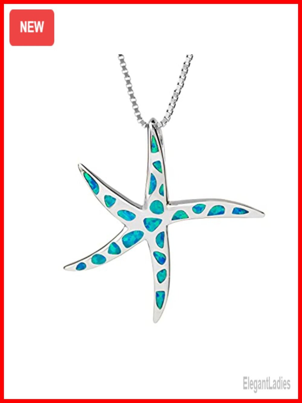 Sterling Silver Created Blue Opal Starfish Necklace Pendant 18 inch Box Chain
